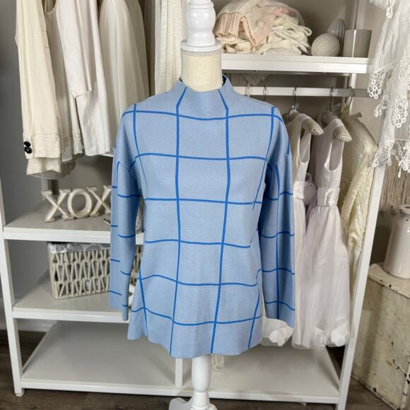 Loft Women's Size M Mockneck Blue Windowpane Long Sleeve Sweater #3459 - Picture 1 of 8